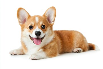 Adorable Corgi Puppy with Bright Smile Relaxing on White Background, Playful Expression, Alert Ears, Fluffy Fur, Ready for Fun and Playtime