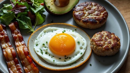 fried eggs with bacon and vegetables
