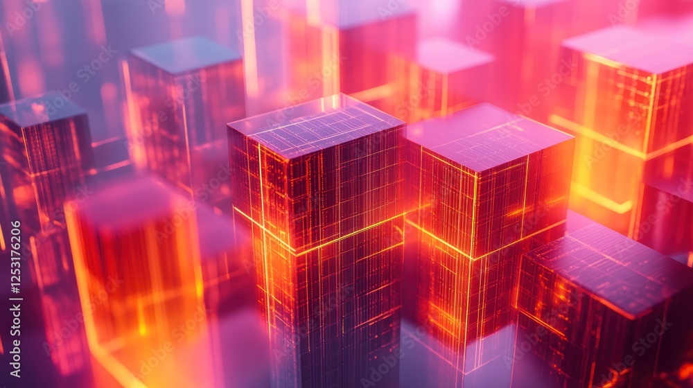 Poster illuminated cubes abstract digital data structure