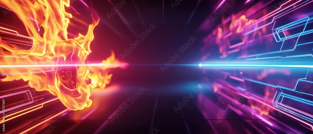 Poster abstract background of flames with a futuristic holographic effect. fire with futuristic element.
