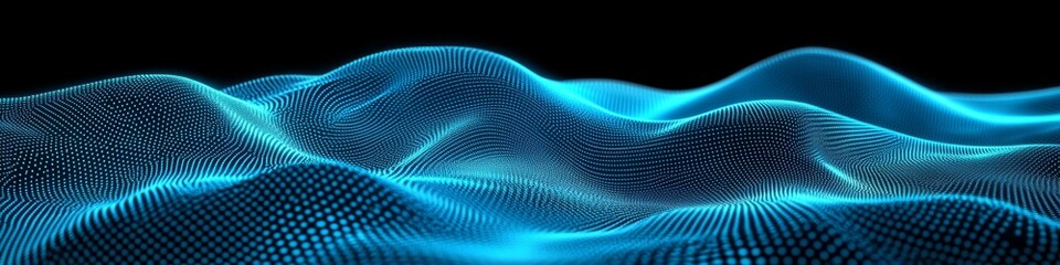 Fototapeta premium Abstract Flowing Cyan Wave of Particles Against a Black Backdrop Modern Art Background
