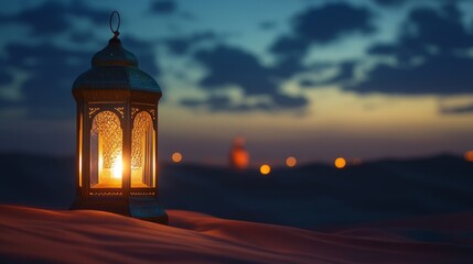 Fototapeta premium Lantern glowing in the desert night sky, perfect for ramadan kareem celebrations, capturing the serenity and warmth of the holy month against a starlit landscape 