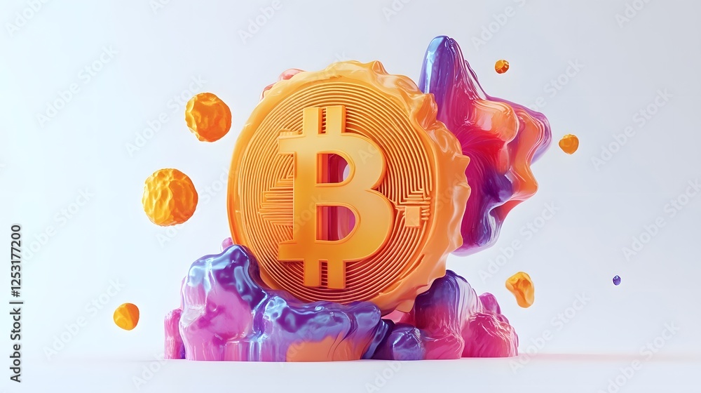 Poster vibrant 3d bitcoin cryptocurrency symbol with abstract colorful background