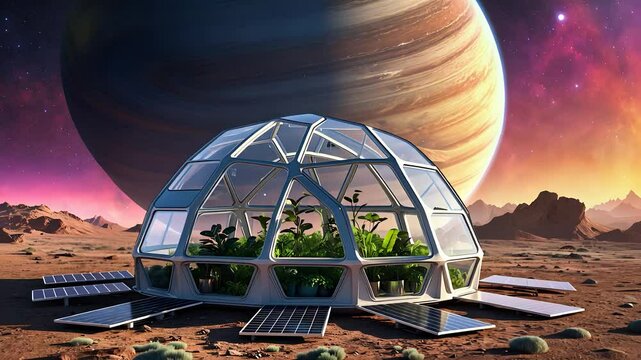 Futuristic Space Greenhouse With Solar Panels on an Alien Planet Featuring a Glass Dome and Giant Gas Planet in Background

