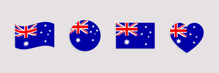 Australia flag vector set. Australian official symbols collection. Web, national, travel, patriotic design elements. Geometric shapes. rectangle, round, love heart and waved flagstaff isolated icons.