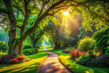 Surreal Summer Park Path: Dreamlike Winding Lane Through Lush Green Foliage and Magical Light