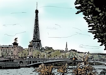 Seine river and Eiffel tower in Paris, France. Black and white hand drawn illustration.