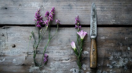 A vintage floral knife placed beside trimmed flower stems on a rustic wooden surface.