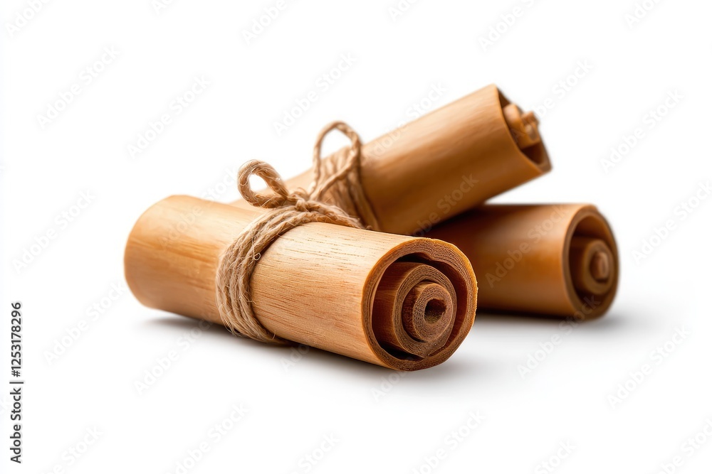Poster high-quality close-up of rolled bamboo scrolls tied with natural twine on a minimalist white backgro