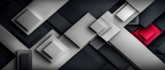 Fototapeta premium Abstract Geometric Composition with Overlapping Gray Black and White Squares and Red Accents