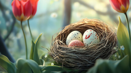 Fototapeta premium Spring-themed Easter greeting card with eggs in a cozy nest