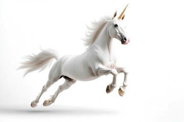 Majestic White Unicorn with Shimmering Horn Leaping Gracefully Against a Bright White Background Captured in a Stunning Fantasy Art Style