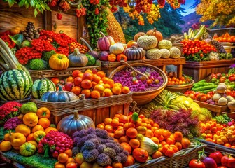 Surreal Vibrant Autumn Farmer's Market Overflowing with Fruits and Vegetables
