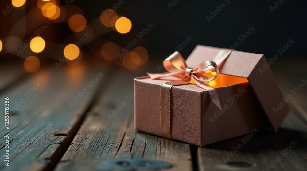 Poster A delicately tied gift box rests on a rustic wooden surface, illuminated from within, creating a warm and inviting glow against a bokeh background.