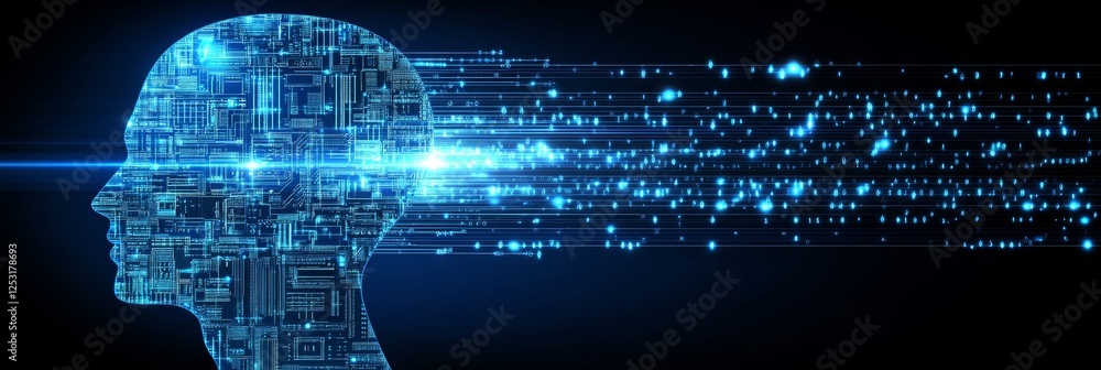 Poster human head silhouette from binary code , lines, dots as concept for artificial intelligence