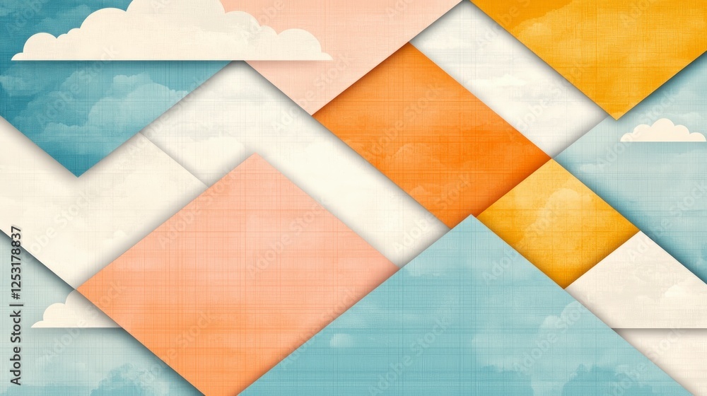 Poster abstract geometric pastel background with overlapping squares and clouds