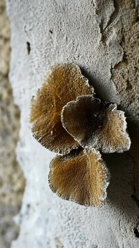 Unique brown fungi growing on an ancient stone wall in a natural environment during daylight