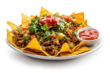 Mouthwatering plate of nachos topped with savory ground beef, fresh cilantro, diced tomatoes, and tangy salsa, served with extra dipping sauce for flavor