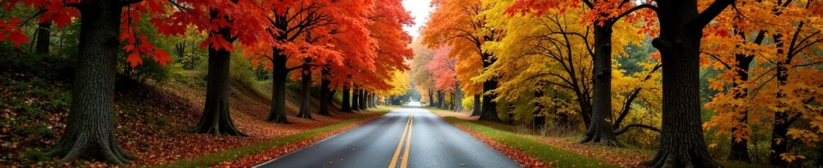 A country road lined with tall trees covered in vibrant autumn colors, autumn colors, vibrant hues