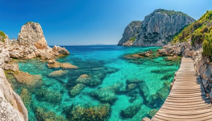 Beautiful panoramic view of the transparent turquoise water and wooden pier in Sardinia, Italy. A summer vacation in an exotic place concept