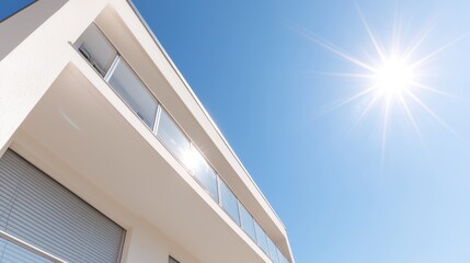 Fototapeta premium Modern apartment balcony, sunny day, clear sky, architectural design, real estate