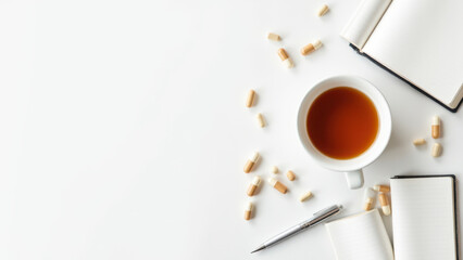Magnesium Glycinate, Relaxing Tea Time Setting with Notebook and Writing Utensils