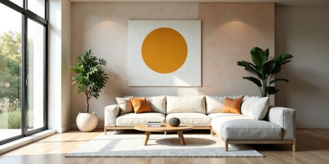Modern Living Room Interior Design with Large Beige Sectional Sofa, Wooden Coffee Table, and Abstract Wall Art Featuring a Sun-like Circle