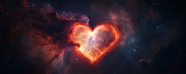 Obraz premium Heart-shaped nebula in deep space with glowing red and blue cosmic clouds surrounded by stars