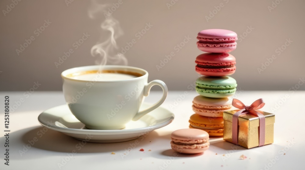 Poster aromatic coffee with a stack of delicate macarons and a small gift box
