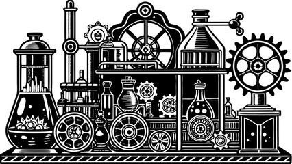 Steampunk cityscape, intricate gears and mechanisms, Victorian industrial architecture, black and white silhouette, detailed machinery, clockwork elements