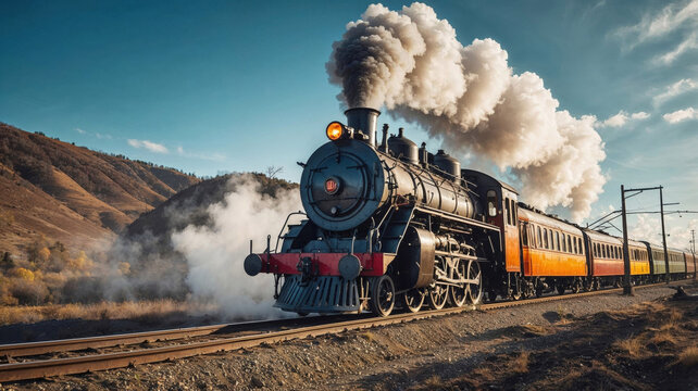 A classic black steam locomotive chugs through rolling hills, releasing thick white smoke against a clear blue sky. A nostalgic journey through time and history