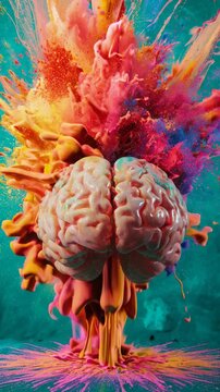 Vibrant paint bursting from brain silhouette, symbolizing creative energy and innovative thinking on turquoise background, visualizing mental inspiration