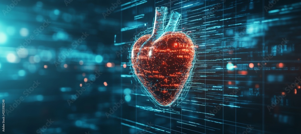 Poster digital heart visualization glowing red organ on abstract blue background with data streams