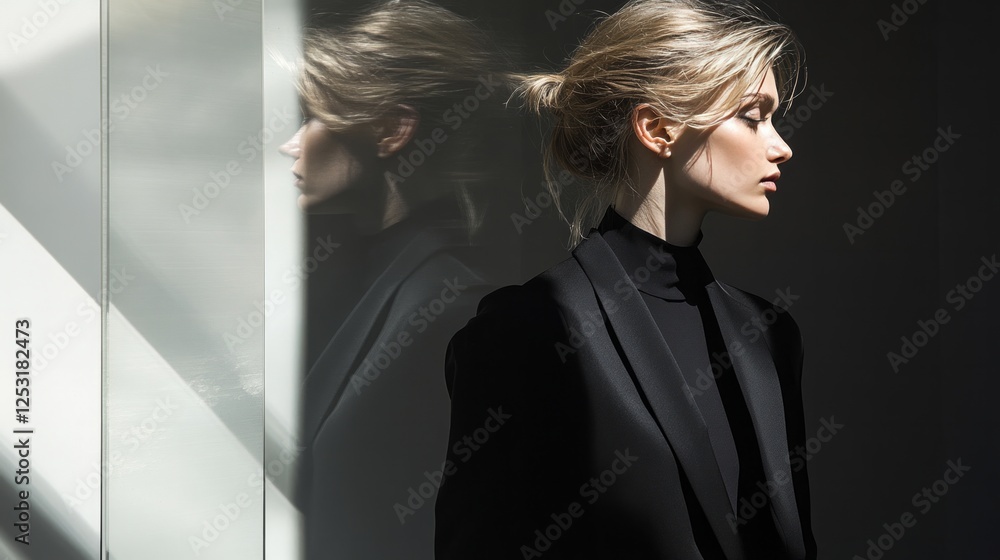 Aufkleber exploring the interplay of light and shadow in avant-garde fashion expressions. generative ai