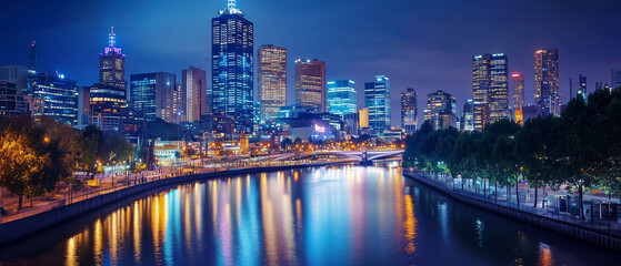 Illuminated city skyline at night, with soft lights and a modern ambiance for a perfect evening-2