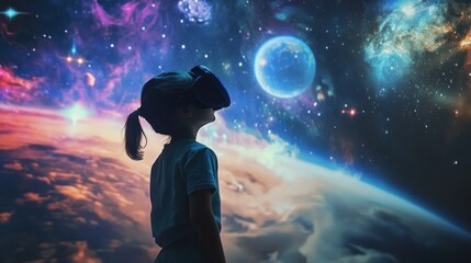 Obraz premium Girl exploring space with VR headset.