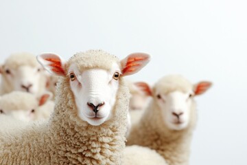 Naklejka premium Group of adorable fluffy sheep with soft wool and curious expressions against a light background, creating a serene and peaceful farm animal scene