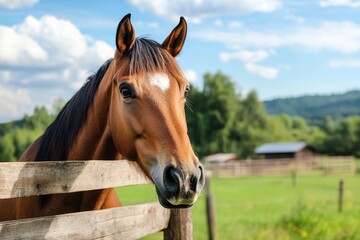Beautiful Brown Horse Peeking Over Wooden Fence in Lush Green Pasture Under Blue Sky with Fluffy White Clouds in the Background