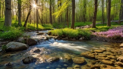 Fototapeta premium Spring forest with blossoming trees, sunbeams breaking through the foliage, a stream with clear water, bright flowers in a clearing.