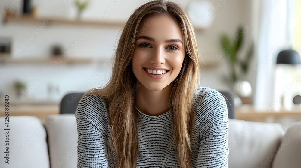 Poster smiling young woman participating in a video conference call from home office with a virtual backgro