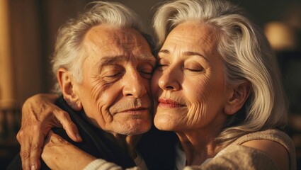 An elderly couple shares a heartfelt embrace, eyes closed in peaceful love. Their warm expressions, gentle wrinkles, and soft lighting capture deep connection and lifelong devotion