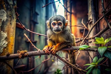 Obraz premium Tiny Titi Monkey Perched on Branch, Urban Jungle Exploration