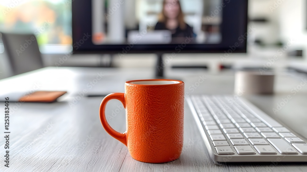 Poster cozy and modern workspace setup with a computer keyboard orange coffee mug and a video conference or