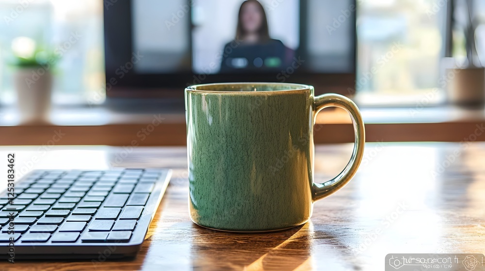 Poster cozy desktop workspace with a keyboard coffee mug and a video conference call displayed on the compu