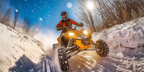 dynamic photo with a racer on an ATV on a snow-covered path, sunny day