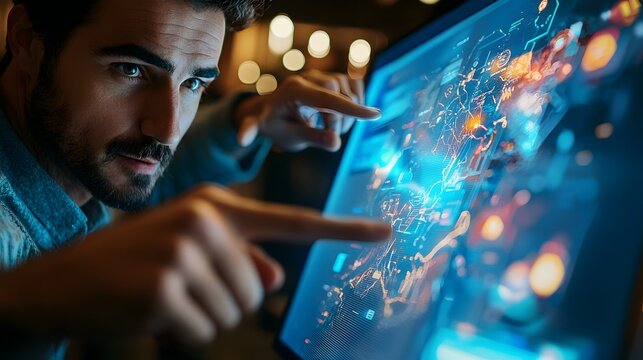 Close up view of a presenter sharing their screen and displaying digitized business data charts and analytics during a virtual corporate or team meeting