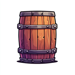 A colorful, cartoon-style wooden barrel with metal bands. Perfect for illustrations related to beverages, storage, or rustic themes in food and drink imagery.