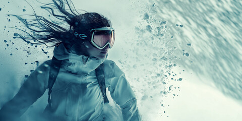 Naklejka premium Dynamic photo of a smiling female snowboarder, sunny day