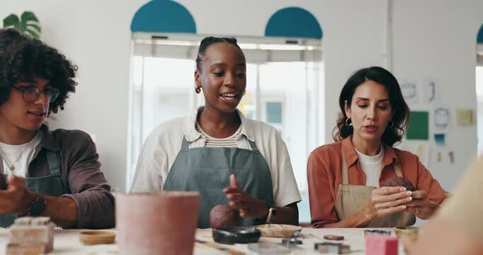 Pottery, learning and woman with people with clay for skills with mold, ceramic and sculpture class. Creative, art studio and teacher with group to practice hobby, craft and pattern in workshop