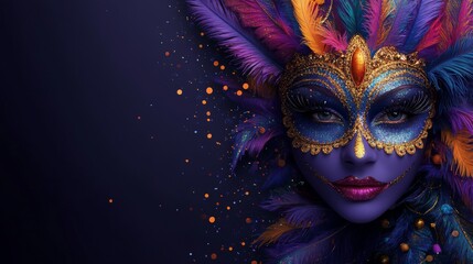 Opulent masquerade, gilded mask, vibrant feathers, and sparkling allure on a captivating visage